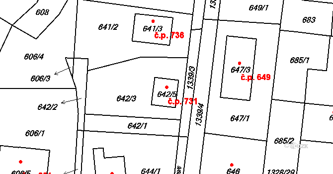 Tuchlovice 731 na parcele st. 642/5 v KÚ Tuchlovice, Katastrální mapa