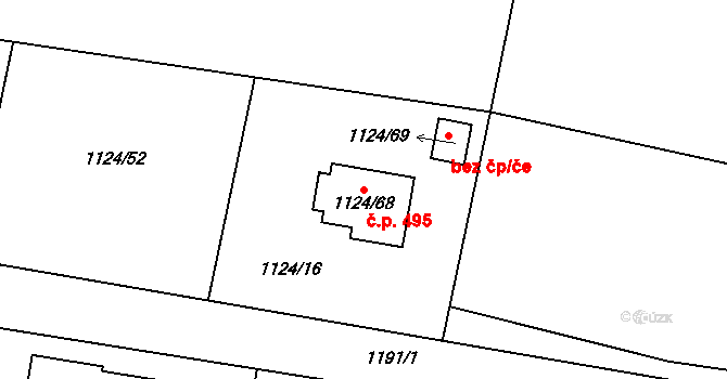 Zádveřice 495, Zádveřice-Raková na parcele st. 1124/68 v KÚ Zádveřice, Katastrální mapa