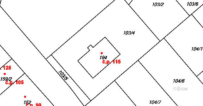 Trávník 115, Kroměříž na parcele st. 194 v KÚ Trávník, Katastrální mapa