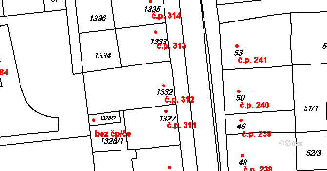 Plumlov 312 na parcele st. 1332 v KÚ Plumlov, Katastrální mapa