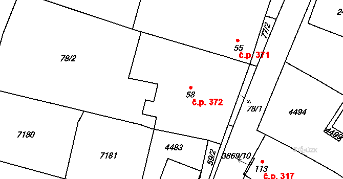 Míšovice 372, Hostěradice na parcele st. 58 v KÚ Míšovice, Katastrální mapa