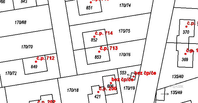 Postřižín 713 na parcele st. 853 v KÚ Postřižín, Katastrální mapa