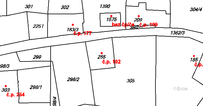 Vranov nad Dyjí 102 na parcele st. 255 v KÚ Vranov nad Dyjí, Katastrální mapa