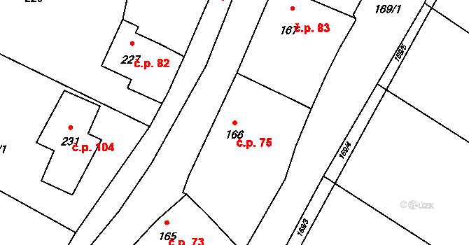Černotín 75 na parcele st. 166 v KÚ Černotín, Katastrální mapa