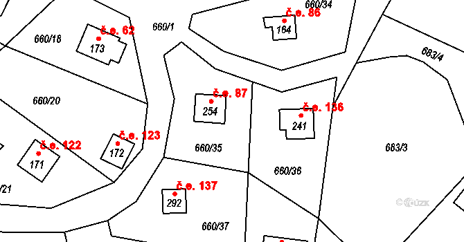 Čeřenice 87, Sázava na parcele st. 254 v KÚ Čeřenice, Katastrální mapa