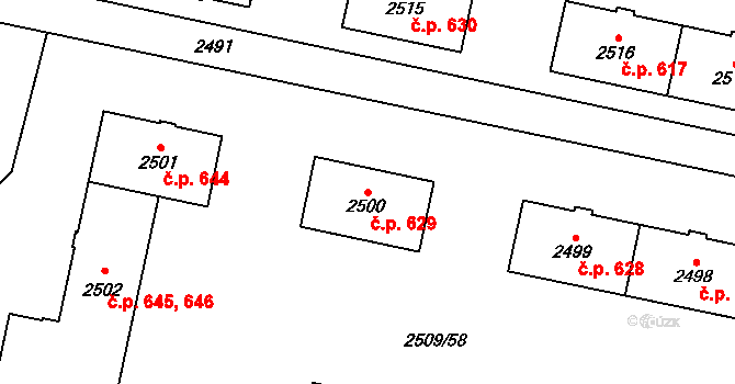 Vratimov 629 na parcele st. 2500 v KÚ Vratimov, Katastrální mapa