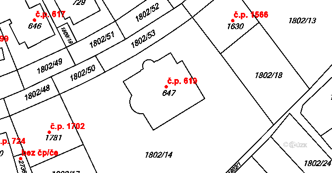 Tišnov 619 na parcele st. 647 v KÚ Tišnov, Katastrální mapa