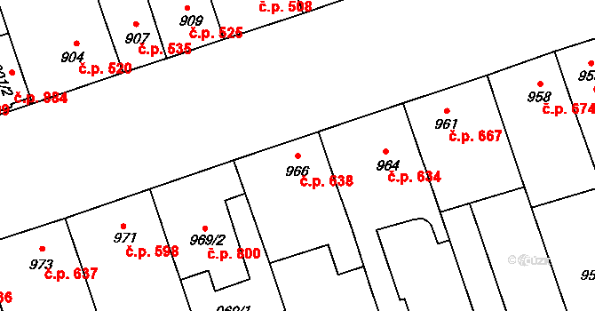 Lužice 638 na parcele st. 966 v KÚ Lužice u Hodonína, Katastrální mapa