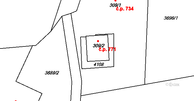 Měrkovice 771, Kozlovice na parcele st. 309/2 v KÚ Měrkovice, Katastrální mapa