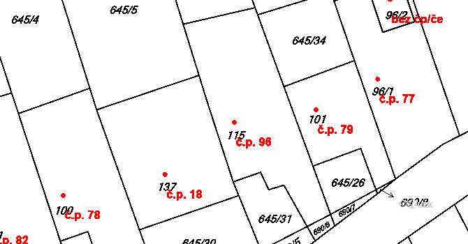 Hořešovice 96 na parcele st. 115 v KÚ Hořešovice, Katastrální mapa