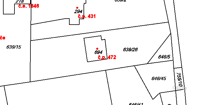Olešovice 472, Kamenice na parcele st. 694 v KÚ Ládví, Katastrální mapa