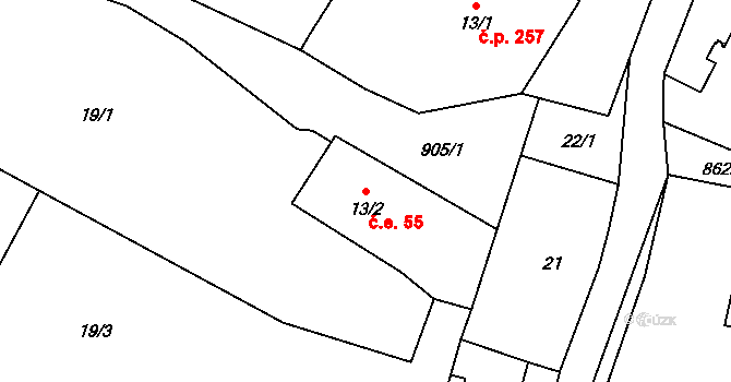 Bernartice 55 na parcele st. 13/2 v KÚ Bečkov, Katastrální mapa