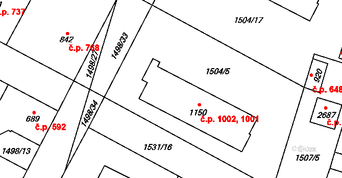 Třebechovice pod Orebem 1001,1002 na parcele st. 1150 v KÚ Třebechovice pod Orebem, Katastrální mapa