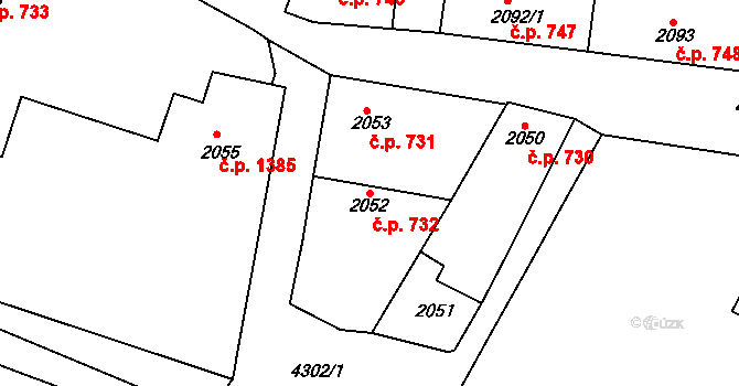 Roudnice nad Labem 732 na parcele st. 2052 v KÚ Roudnice nad Labem, Katastrální mapa