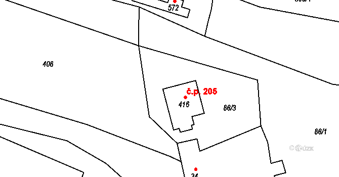 Lačnov 205 na parcele st. 416 v KÚ Lačnov, Katastrální mapa
