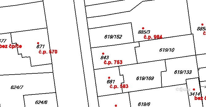 Lysá nad Labem 753 na parcele st. 843 v KÚ Lysá nad Labem, Katastrální mapa