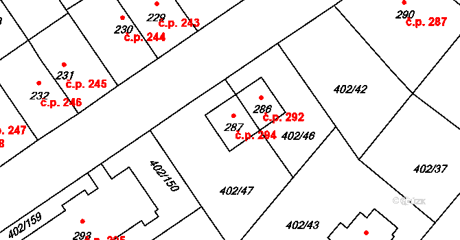 Okříšky 294 na parcele st. 287 v KÚ Okříšky, Katastrální mapa