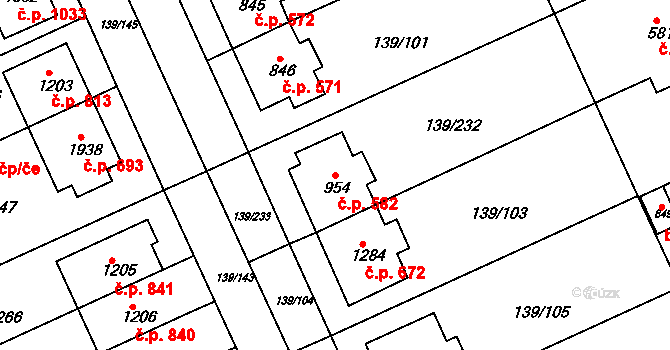 Podklášteří 582, Třebíč na parcele st. 954 v KÚ Podklášteří, Katastrální mapa