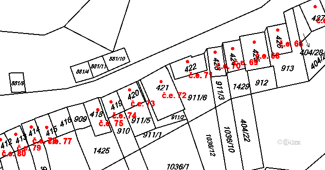 Chvalovice 72 na parcele st. 421 v KÚ Chvalovice, Katastrální mapa