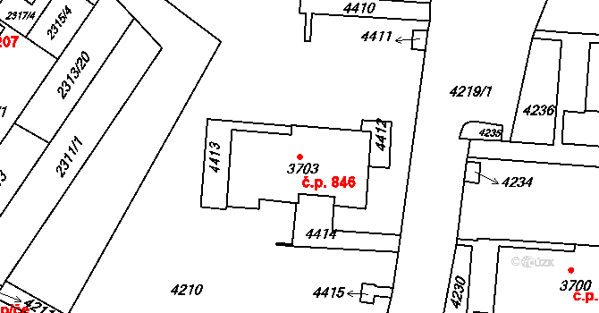 Komín 846, Brno na parcele st. 3703 v KÚ Komín, Katastrální mapa