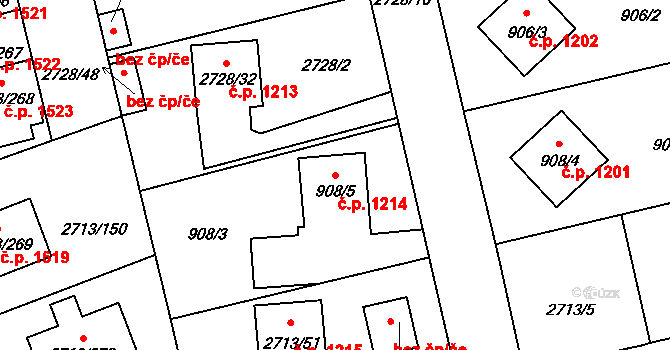 Pelhřimov 1214 na parcele st. 908/5 v KÚ Pelhřimov, Katastrální mapa
