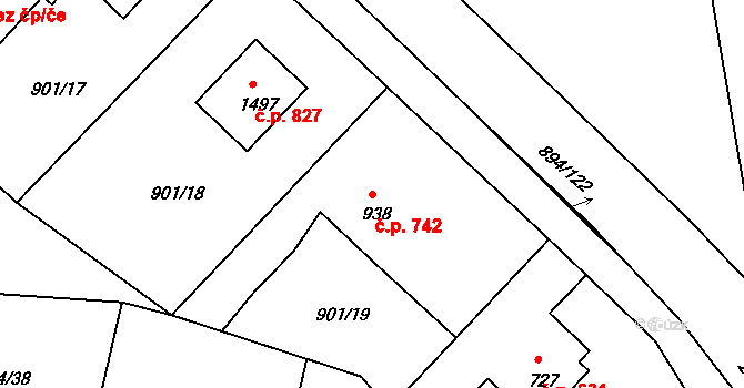 Pacov 742 na parcele st. 938 v KÚ Pacov, Katastrální mapa