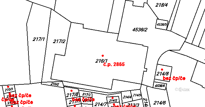 Teplice 2865 na parcele st. 216/1 v KÚ Teplice, Katastrální mapa