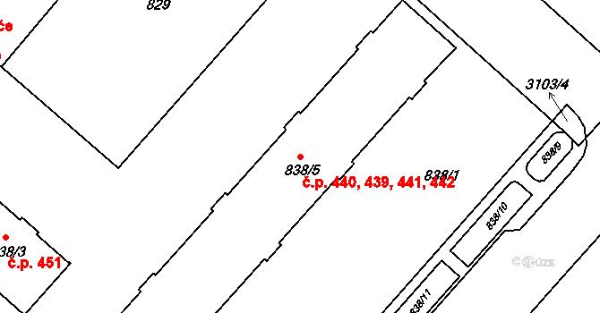 Místek 439,440,441,442, Frýdek-Místek na parcele st. 838/5 v KÚ Místek, Katastrální mapa