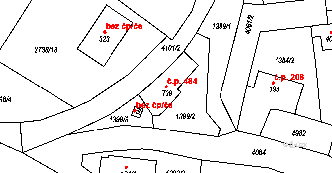 Strmilov 484 na parcele st. 709 v KÚ Strmilov, Katastrální mapa