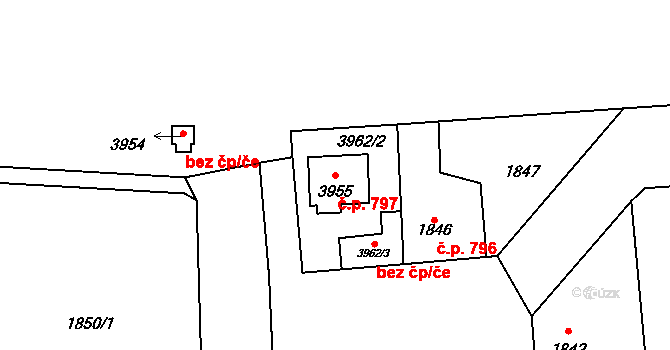 Horní Počernice 797, Praha na parcele st. 3955 v KÚ Horní Počernice, Katastrální mapa
