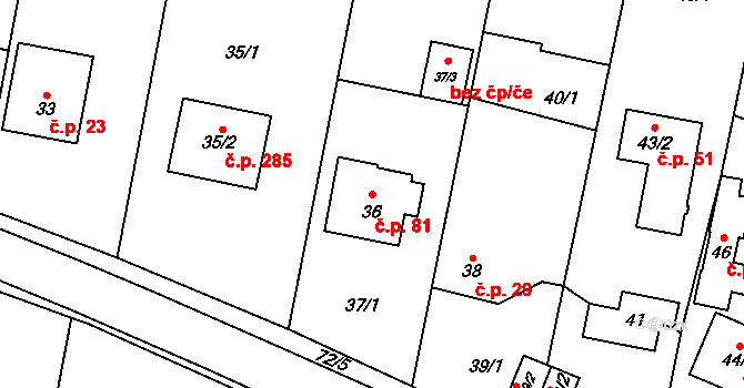 Křeslice 81, Praha na parcele st. 36 v KÚ Křeslice, Katastrální mapa