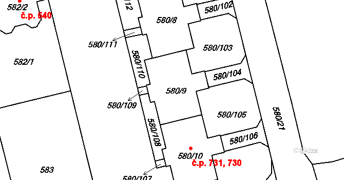 Kamýk 730,731, Praha na parcele st. 580/9 v KÚ Kamýk, Katastrální mapa