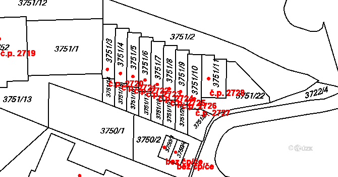 Smíchov 2725, Praha na parcele st. 3751/8 v KÚ Smíchov, Katastrální mapa