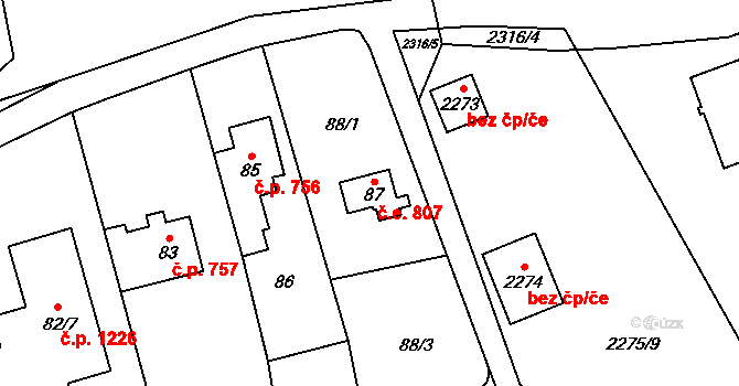 Suchdol 807, Praha na parcele st. 87 v KÚ Suchdol, Katastrální mapa