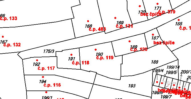 Sedlčany 119 na parcele st. 190 v KÚ Sedlčany, Katastrální mapa