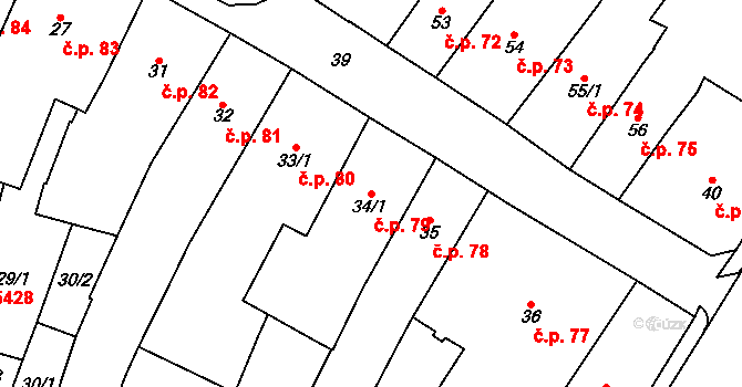 Chomutov 79 na parcele st. 34/1 v KÚ Chomutov I, Katastrální mapa