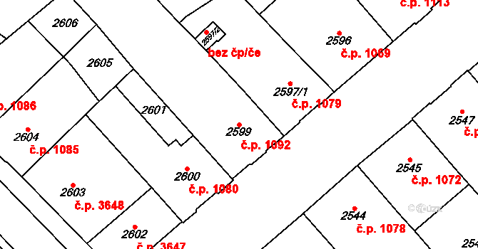 Chomutov 1092 na parcele st. 2599 v KÚ Chomutov I, Katastrální mapa