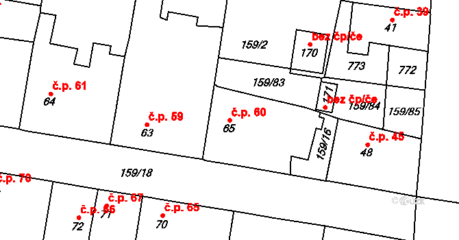 Březhrad 60, Hradec Králové na parcele st. 65 v KÚ Březhrad, Katastrální mapa