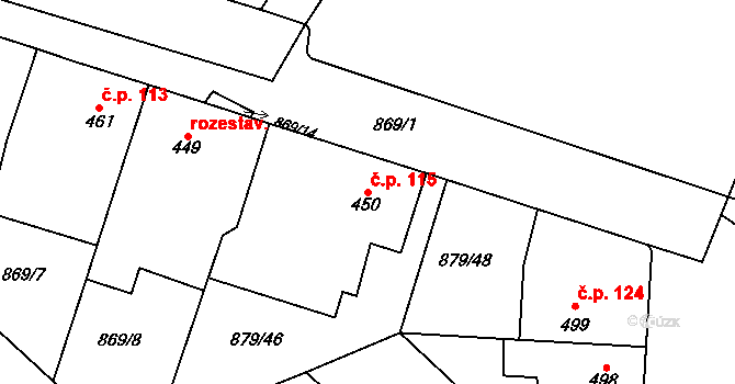 Plácky 115, Hradec Králové na parcele st. 450 v KÚ Plácky, Katastrální mapa