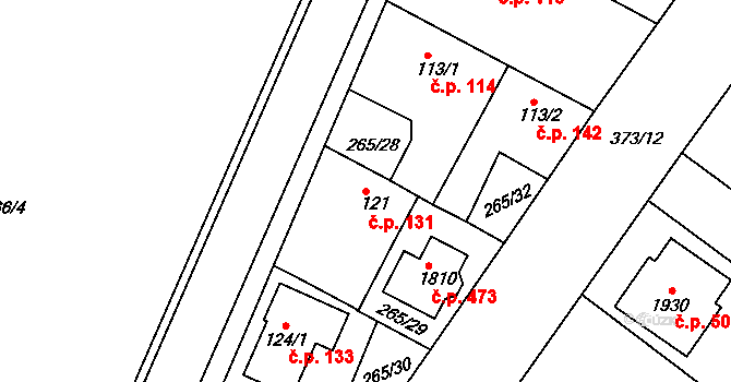 Pouchov 131, Hradec Králové na parcele st. 121 v KÚ Pouchov, Katastrální mapa