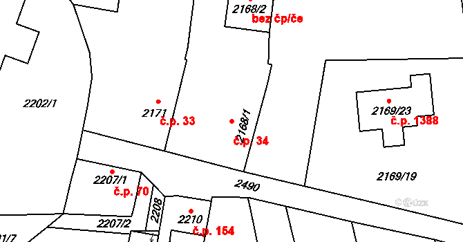 Doubravka 34, Plzeň na parcele st. 2168/1 v KÚ Doubravka, Katastrální mapa