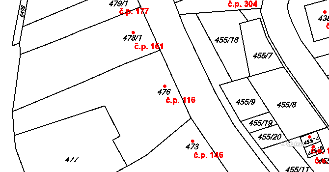 Medlov 116 na parcele st. 476 v KÚ Medlov, Katastrální mapa