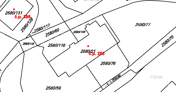 Dolní Suchá 283, Havířov na parcele st. 2580/21 v KÚ Dolní Suchá, Katastrální mapa