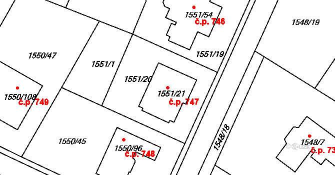 Miřetice u Klášterce nad Ohří 747, Klášterec nad Ohří na parcele st. 1551/21 v KÚ Miřetice u Klášterce nad Ohří, Katastrální mapa