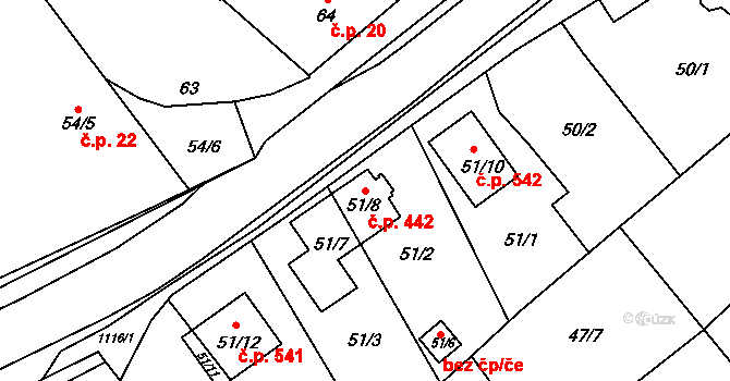 Slavonín 442, Olomouc na parcele st. 51/7 v KÚ Slavonín, Katastrální mapa