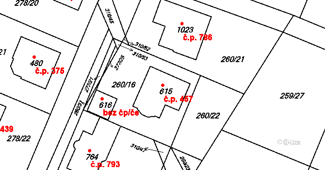 Dolní Břežany 457 na parcele st. 615 v KÚ Dolní Břežany, Katastrální mapa