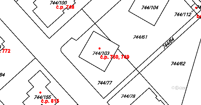 Kolovraty 749,750, Praha na parcele st. 744/103 v KÚ Kolovraty, Katastrální mapa