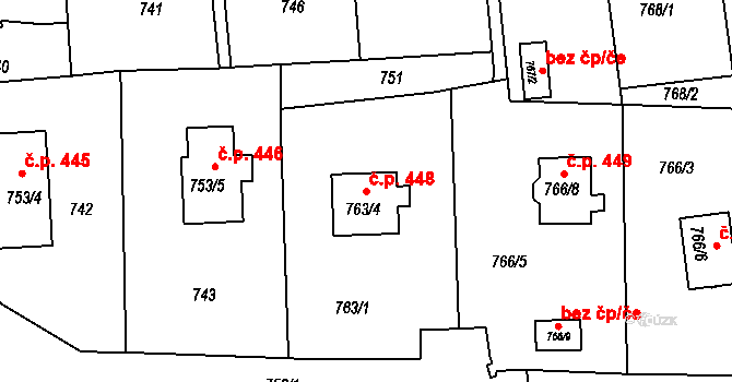 Šluknov 448 na parcele st. 763/4 v KÚ Šluknov, Katastrální mapa