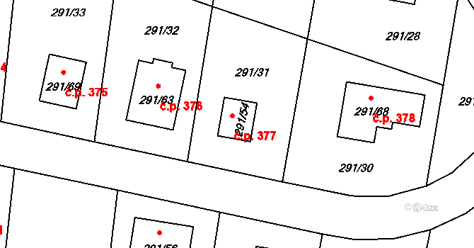 Oldřišov 377 na parcele st. 291/54 v KÚ Oldřišov, Katastrální mapa