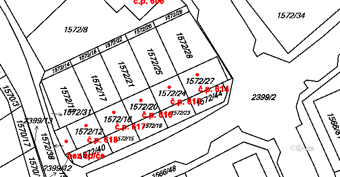 Hrušky 615 na parcele st. 1572/24 v KÚ Hrušky, Katastrální mapa